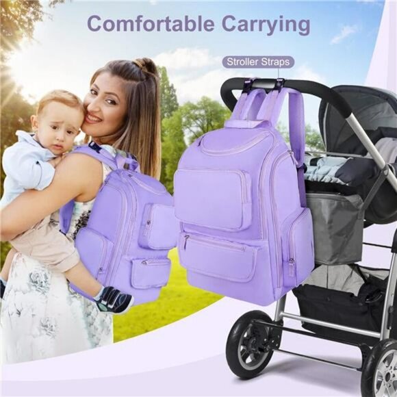 Mancro Large Diaper Bag Backpack for Baby Girl Boy Travel Mom Dad Purple - Picture 6 of 7